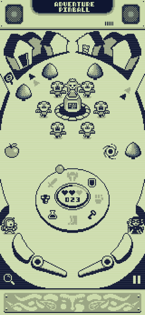 Adventure Pinball - Retro monochrome pixel art gameplay of Adventure Pinball featuring RPG elements and pinball mechanics