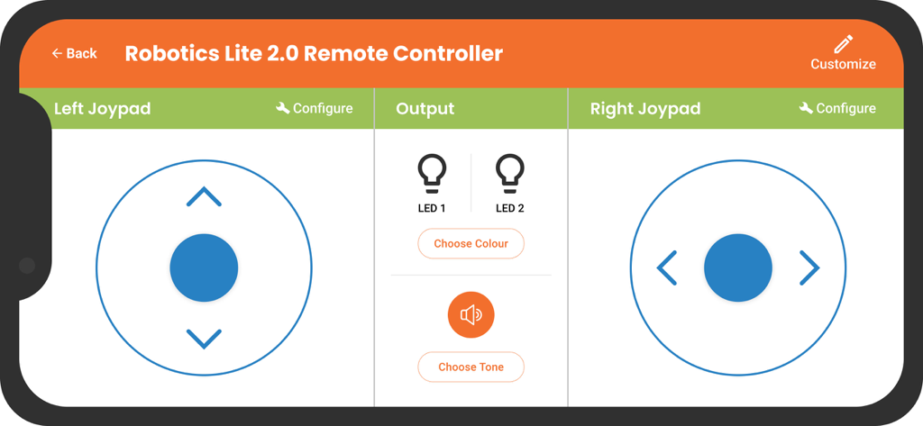 Avishkaar - Avishkaar app Robotics Lite 2.0 remote controller screen with dual joypads and LED output settings