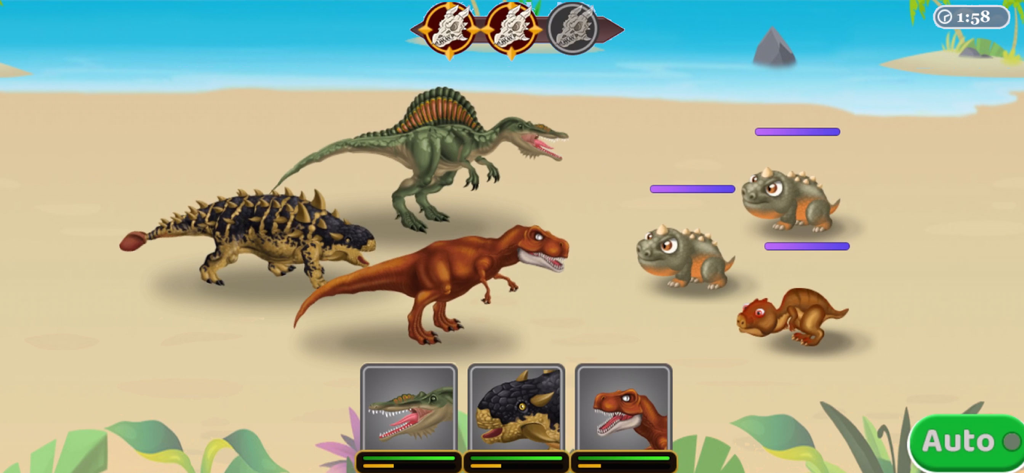 Dinosaur Zoo-The Jurassic game - Un grupo de grandes dinosaurios, incluido un T-Rex y un Spinosaurus, luchando contra rivales más pequeños en una playa en Dinosaur Zoo.