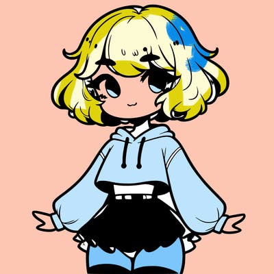 cute femboy with short, fluffy hair that softly frames their face, wearing a cropped hoodie, paired with a flouncy short skirt, and thigh-high stockings