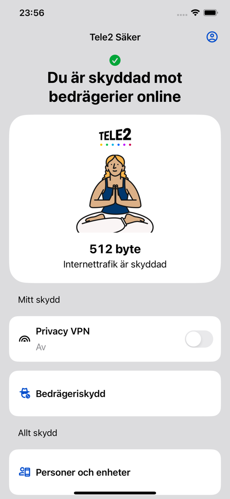 The Tele2 Saker app main dashboard displaying a confirmation message that the user is protected against online fraud with options for VPN and fraud protection settings