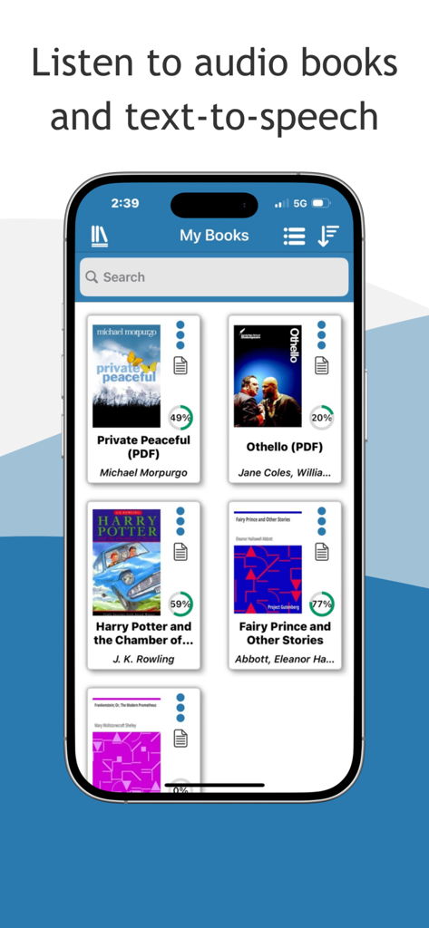 Interface of Dolphin EasyReader app showing a library of accessible books on a smartphone