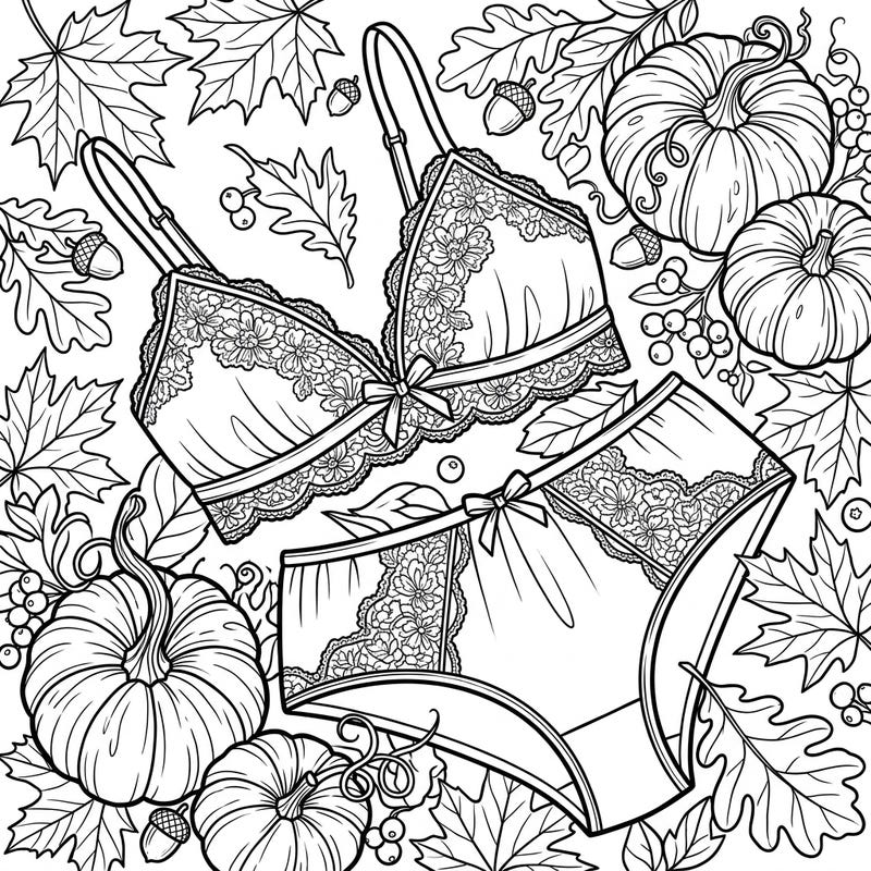 Discover a beautifully detailed coloring page combining elegant lingerie with the rich imagery of autumn. This unique design invites you to blend delicate fashion with the cozy charm of fall.