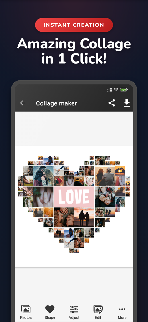 Phinsh Photo Collage Maker - Heart shaped photo collage with love text in Phinsh app
