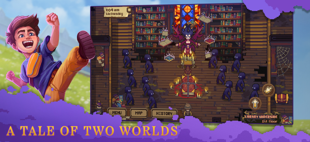 Pixel art gameplay from Bloomtown showing a demon boss and shadow minions in the Library Underside