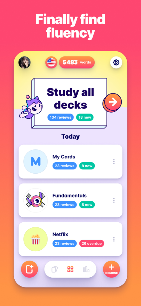 Migaku: Really Learn Languages - Migakuアプリのダッシュボードに言語学習デッキと毎日の単語進捗が表示されている