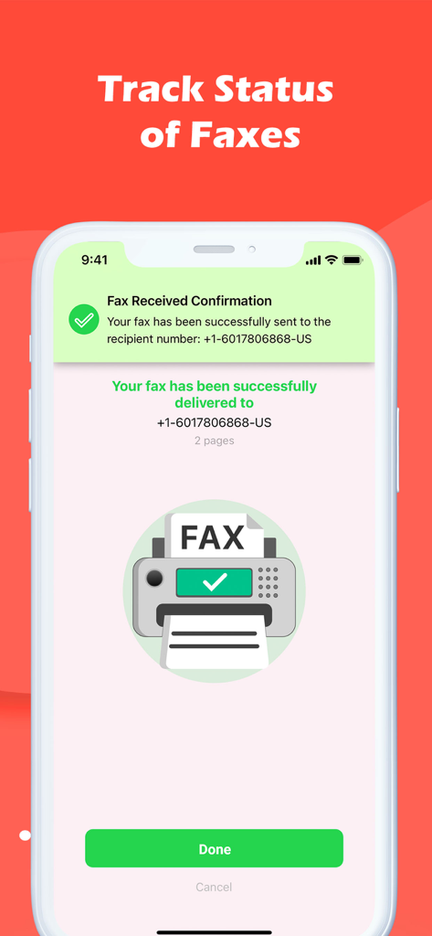 Fax From iPhone - Receive Fax - A smartphone display showing a successful fax delivery confirmation and status tracking screen.