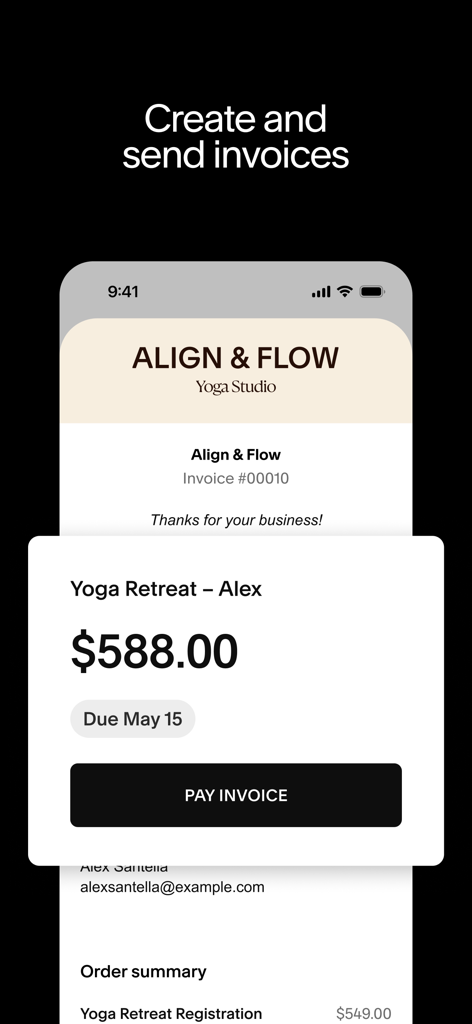 Mobile Rechnung für ein Yoga-Retreat einer Yogastudios in der Squarespace-App