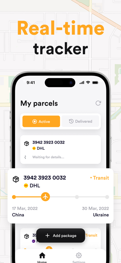Package Tracker - Tracking App - Smartphone screen of a package tracking app displaying a DHL shipment in transit with a status bar