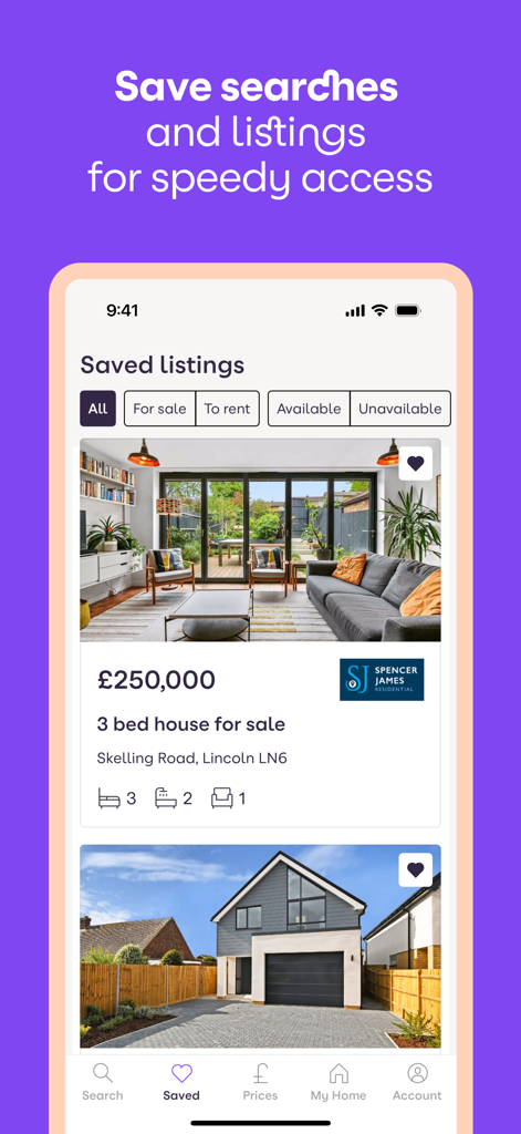 Zoopla mobile app interface showing a list of saved property listings for sale and rent