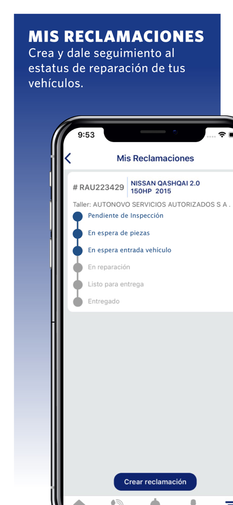 Pantalla de la aplicación móvil que muestra el estado y seguimiento en tiempo real de un reclamo de reparación de seguro de vehículo