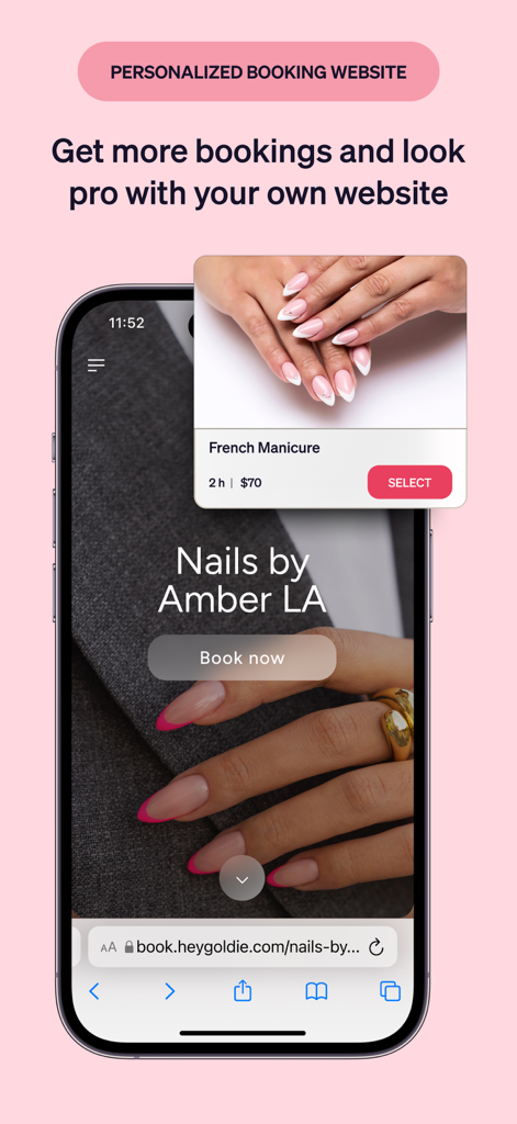 Téléphone portable affichant un site de réservation personnalisé pour une prothésiste ongulaire sur l'application Goldie