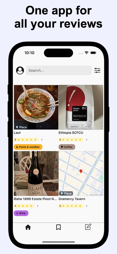 Memolli: all your reviews - Memolli app interface showing a dashboard with personalized reviews for food, coffee, wine, and restaurant locations with star ratings and photos.