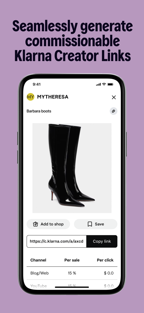 Klarna Creator Platform - Interface de la Plateforme Créateur Klarna montrant un lien de produit commissionnable et les taux de paiement d'affiliation
