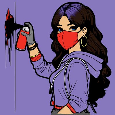 realistic girl with mask spray painting a wall