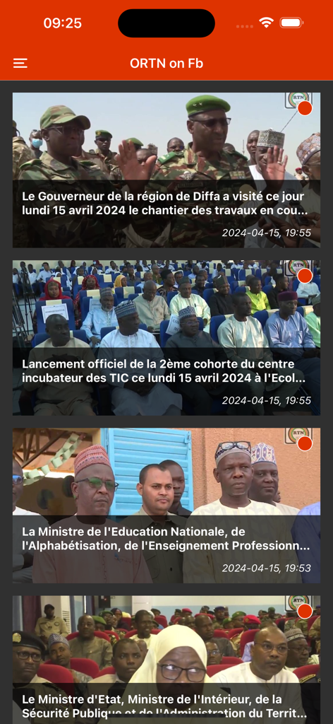 ORTN Télé Sahel - ORTN Tele Sahel app interface showing a feed of video news reports from Niger including government updates and local events