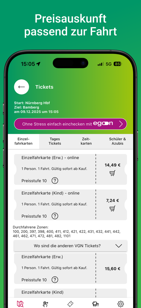 Capture d'écran de l'application VGN affichant les prix et la sélection des billets pour un voyage de Nuremberg à Bamberg