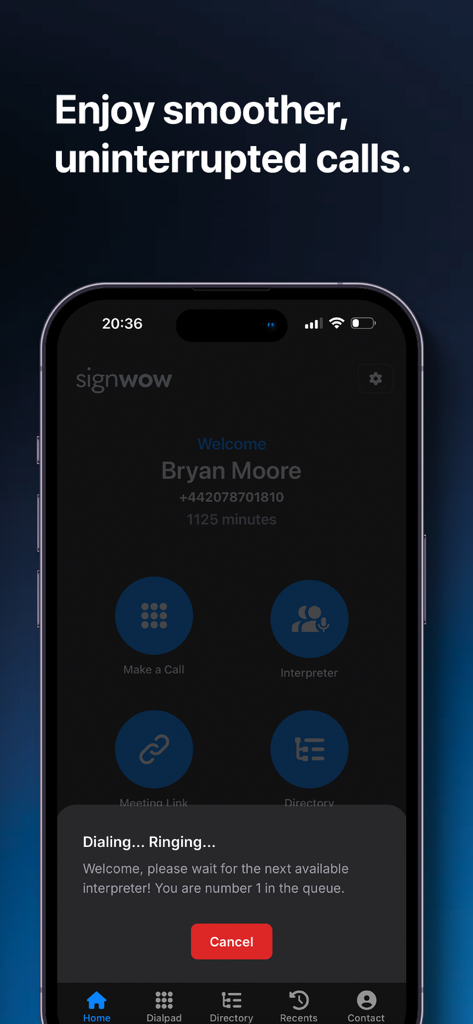 SignWow app screen showing a user waiting for a British Sign Language interpreter.