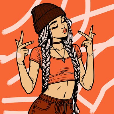 realistic teenage girl with braids and a beanie and crop top doing 🫶🏼