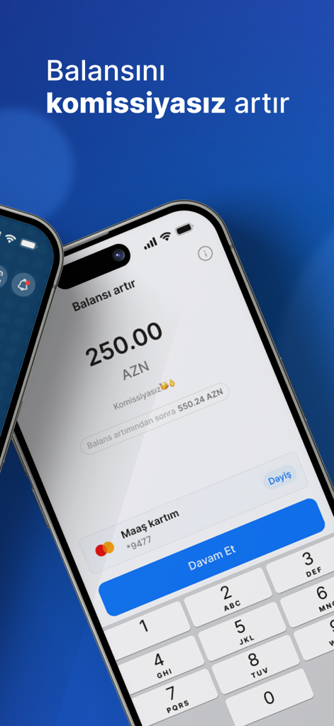 Hesab.az – Digital Wallet - AZNで手数料ゼロで残高をチャージするためのHesab.azモバイルアプリインターフェース