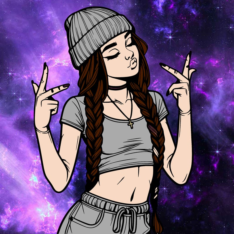 realistic teenage girl with braids and a beanie and crop top doing 🫶🏼