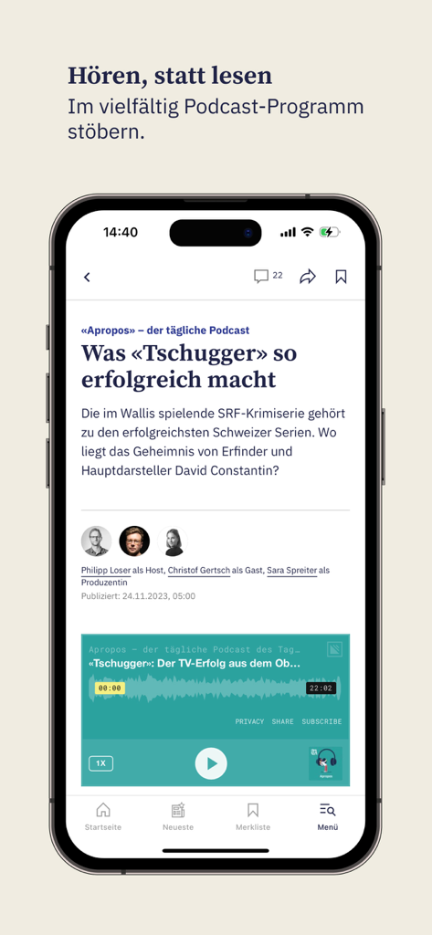 Zürcher Unterländer News - Zürcher Unterländer News App Podcast-Oberfläche auf dem iPhone