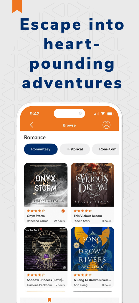 Audiobooks.com: Get audiobooks - Audiobooks.com app interface showing romance book categories and titles like Onyx Storm.