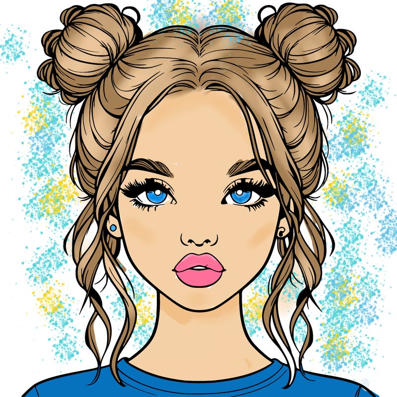realistic girl with two buns in hair and lips