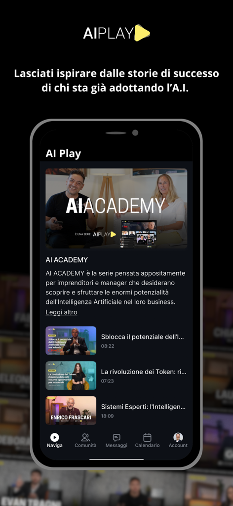 AI Play - AI Play mobile application interface displaying AI Academy video lessons and success stories for business professionals.
