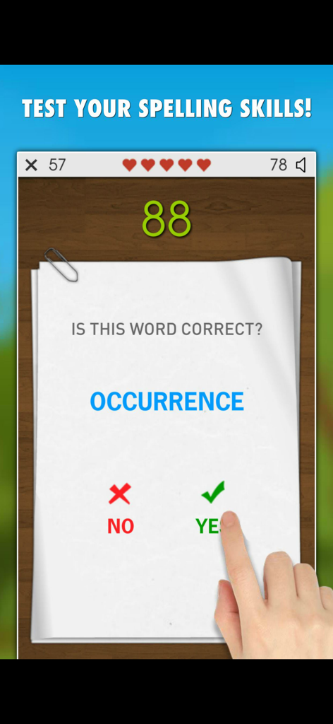 Educational spelling game interface showing a user selecting the correct spelling for the word occurrence.