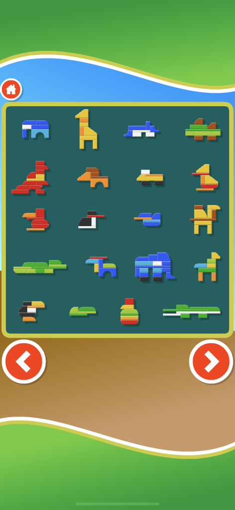 Building Blocks Puzzle Game - A menu screen showing various animals created with colorful building blocks.