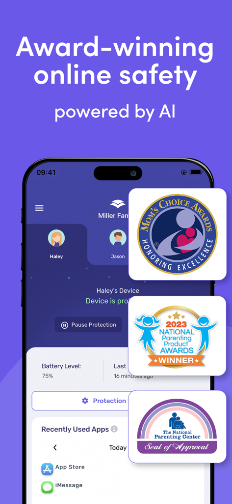 Canopy app interface showing award badges and AI powered online safety features for families