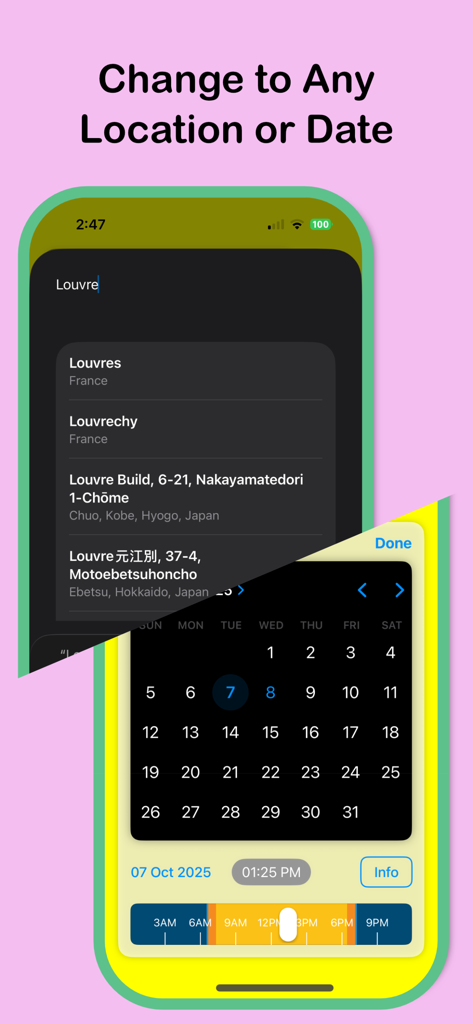 SolarApp screen showing location search and date selection for sun tracking