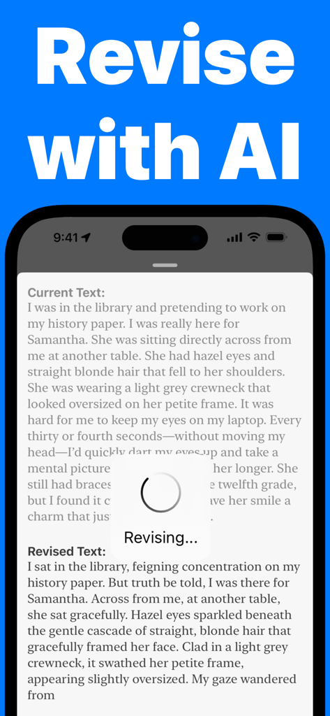 Story Writer: Books & Novels - Interface do aplicativo móvel mostrando o recurso de revisão por IA refinando um rascunho de história do texto atual para o revisado.