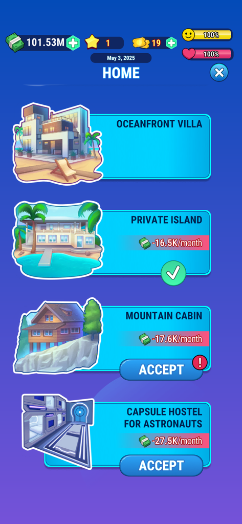 Interface of Cash Masters Billionaire Life showing luxury housing options including a private island and mountain cabin