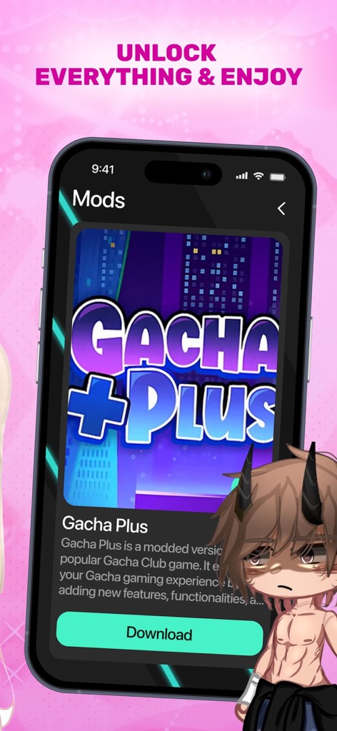 Gacha Life Club: Mods, Skins - Una pantalla móvil que muestra la página de descarga del mod Gacha Plus con un avatar de personaje en primer plano.