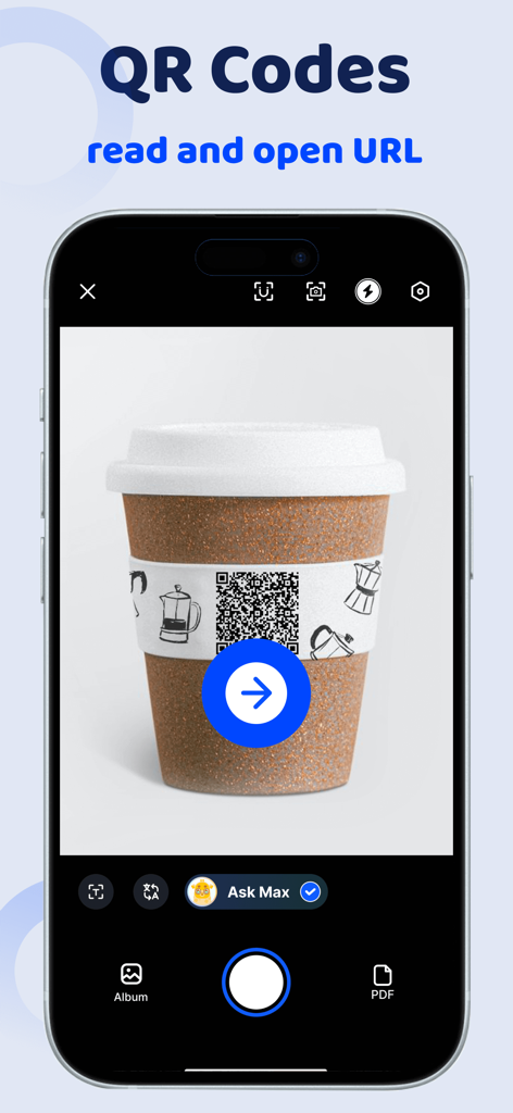 Scanner App: ScanMaster - ScanMaster app interface scanning a QR code on a coffee cup to read and open a URL