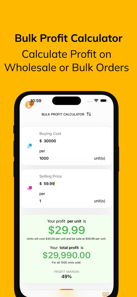 Simple Profit Calculator - Interfaz de la Calculadora de Ganancias Masivas que muestra el beneficio total y el margen para pedidos al por mayor