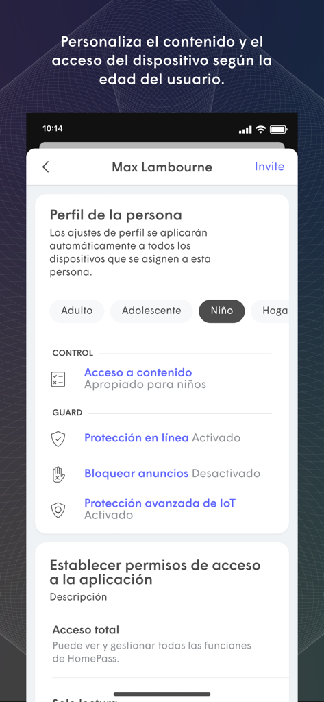 TIGO wifi+ - TIGO wifi plus app mostrando la configuración de control parental y filtros de contenido para el perfil de un niño en español.