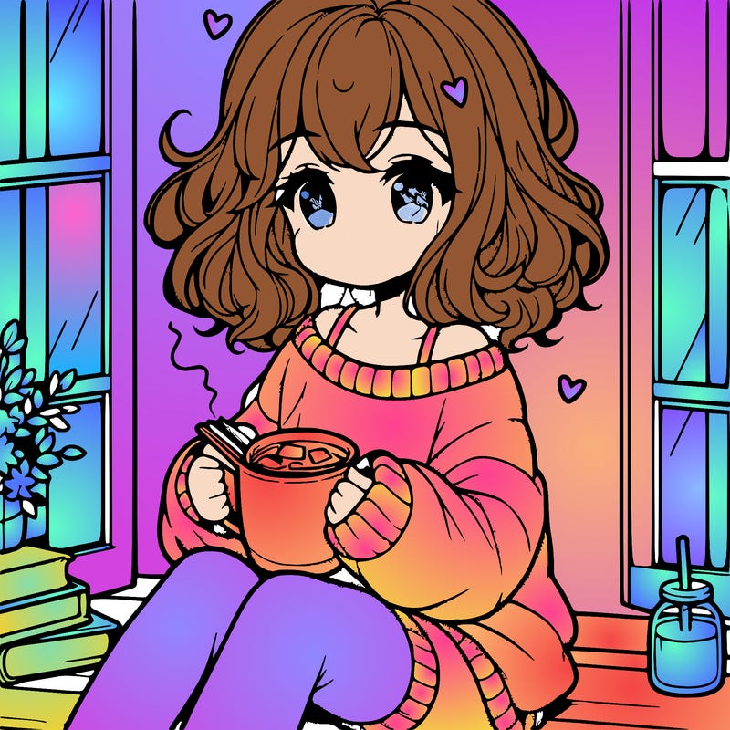 cute anime girl reading book and drinking hot chocolate from mug with loose wavy hair wearing a baggy sweatshirt and shorts sitting by windowsill looking out