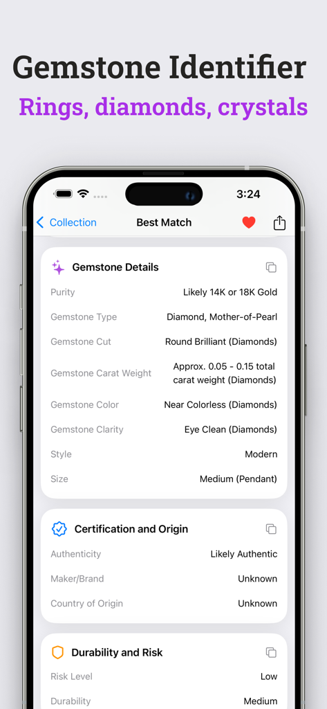Jewelry Identifier: Gemstone ° - Aplicación identificadora de joyas impulsada por IA mostrando un análisis detallado de gemas, incluyendo corte, color y claridad del diamante