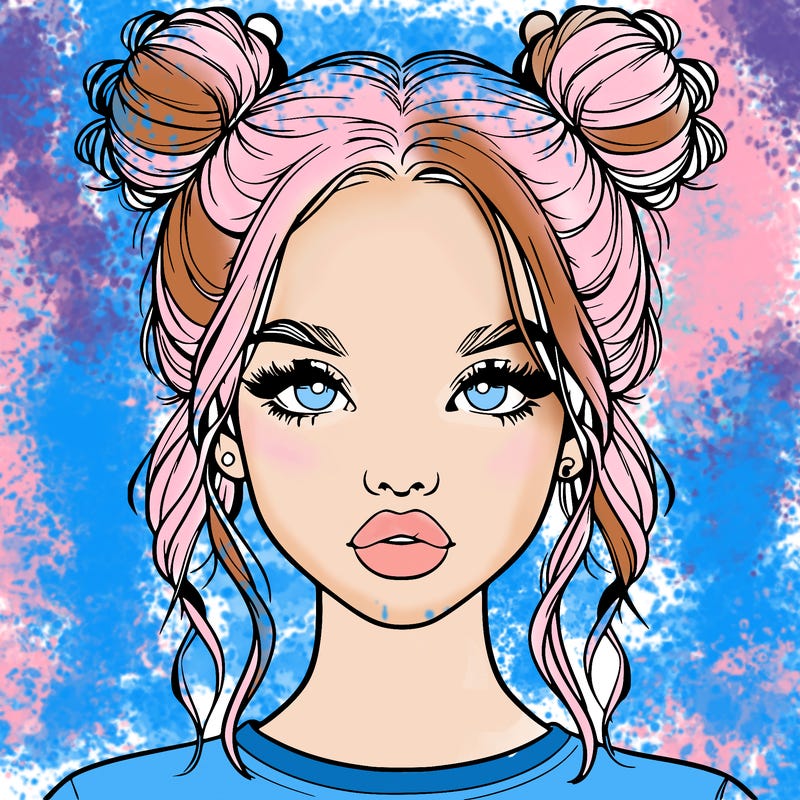 realistic girl with two buns in hair and lips