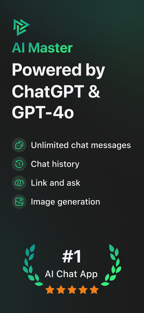 AI Master: Smart Assistant - AI Masterのプロモーション画面。ChatGPTとGPT-4o搭載機能（無制限チャットや画像生成など）を強調。