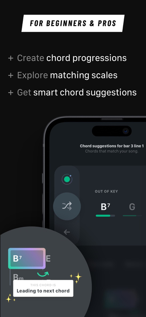 Tonaly app interface showing smart chord suggestions for music composition