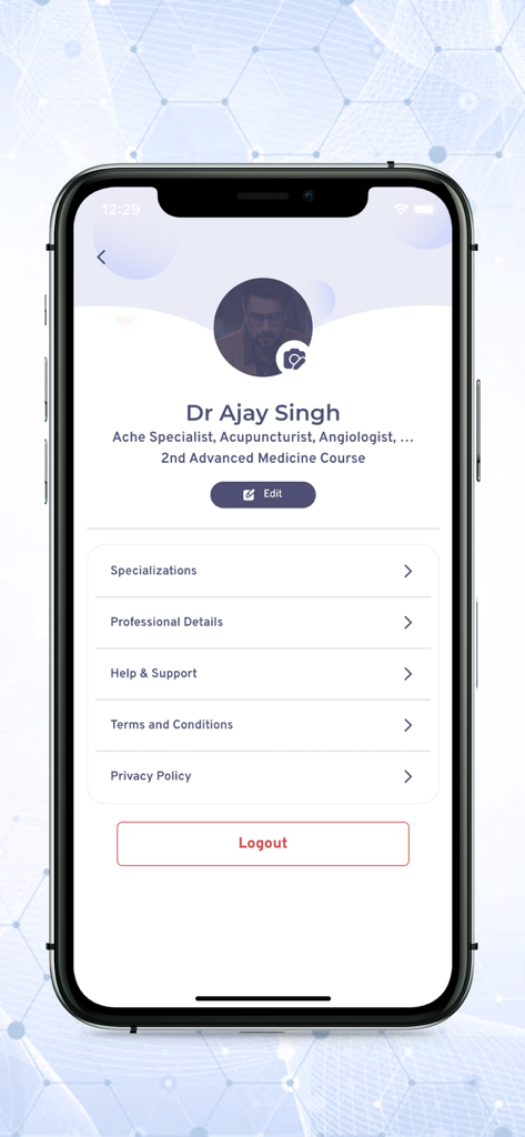 Healic for Doctors - A doctor's professional profile screen in the Healic app showing account details and settings menu