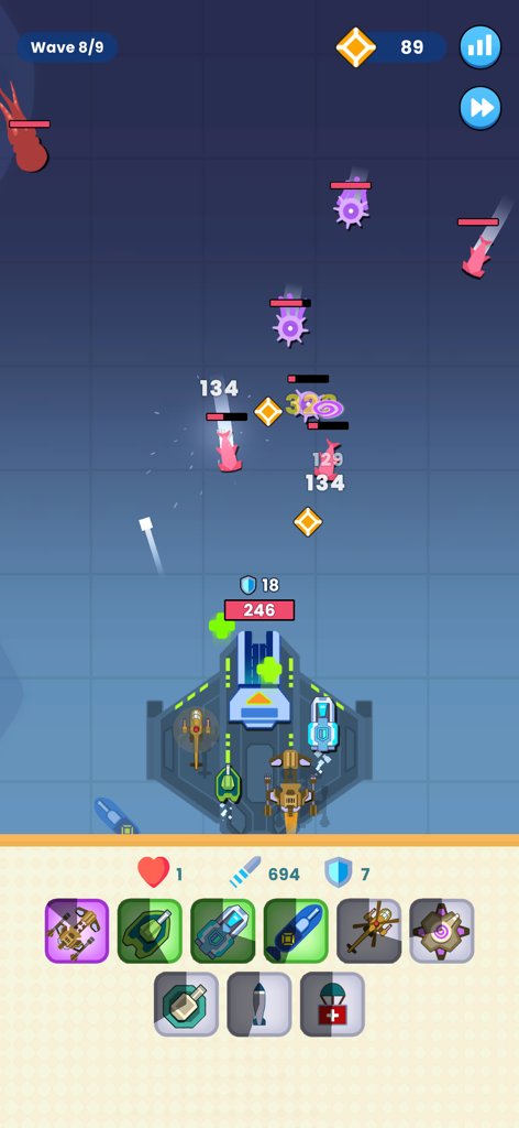 Inventory Merge Combat - Gameplay of Inventory Merge Combat showing a battleship with merged units engaging in a strategic naval battle against enemy waves.