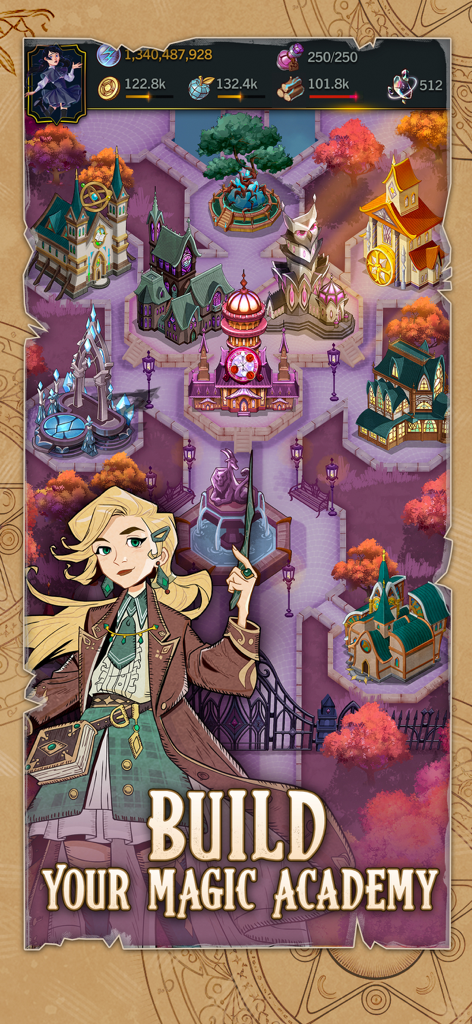 A female character with a wand standing before a magical academy campus with the text Build Your Magic Academy.