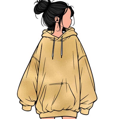 realistic girl with a oversized sweatshirt on and a bun