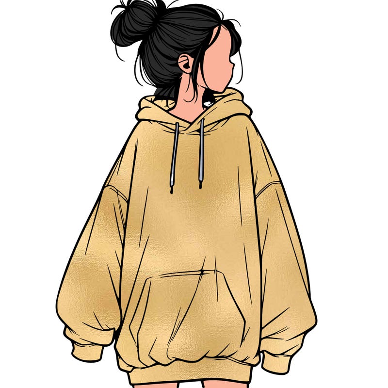 realistic girl with a oversized sweatshirt on and a bun