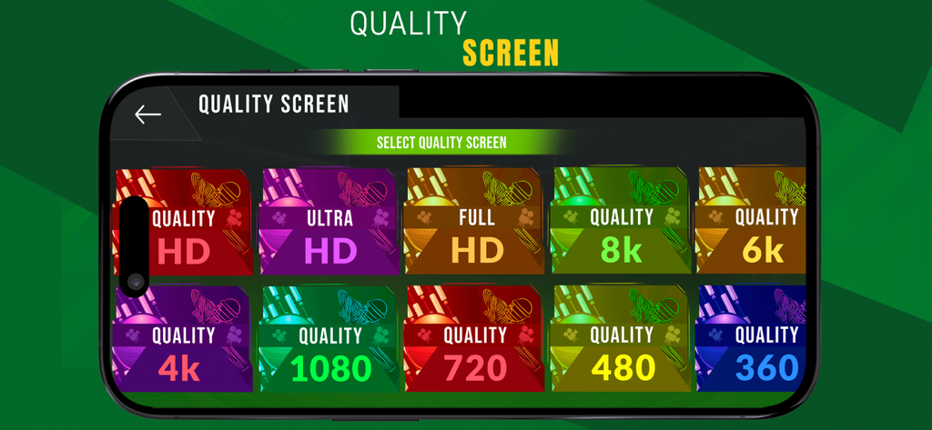 Mobile app interface of PTV Live Sports Cricket TV showing various video quality options for streaming from 360p up to 8k resolution